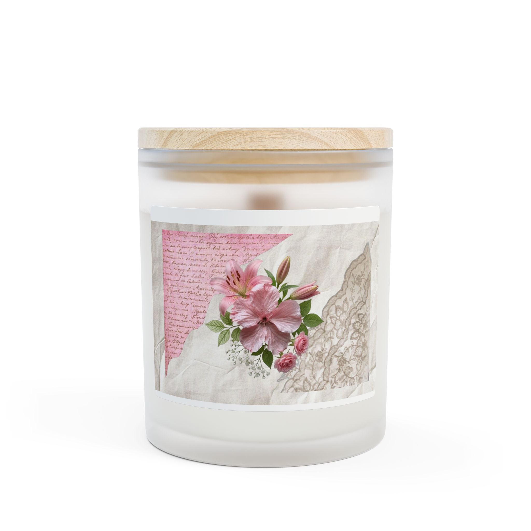 Romantic Pink Floral Frosted Glass Candle — 11oz Scented Home Decor